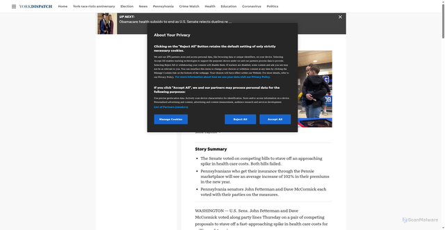 Security scan screenshot of https://www.yorkdispatch.com/story/news/politics/2025/12/11/fetterman-mccormick-vote-on-party-lines-for-aca-solutions-both-fail/87723678007/