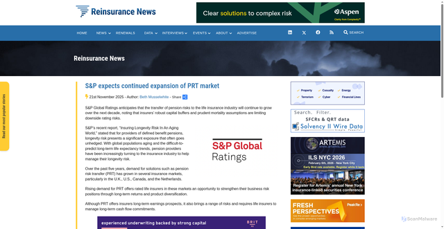 Security scan screenshot of https://www.reinsurancene.ws/sp-expects-continued-expansion-of-prt-market/