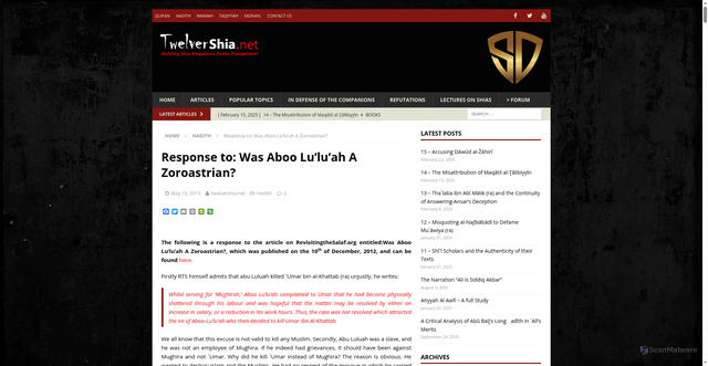 Security scan screenshot of http://www.twelvershia.net/2013/05/15/response-to-was-aboo-luluah-a-zoroastrian/