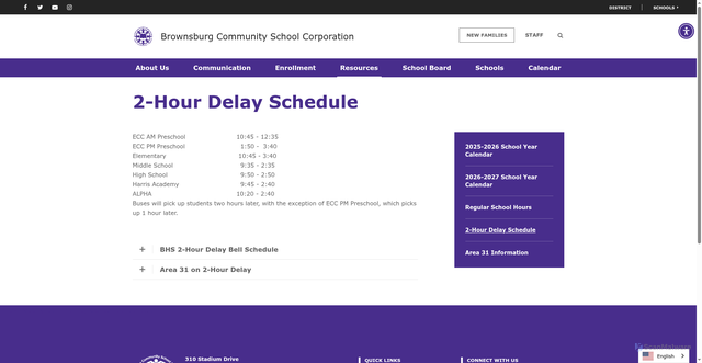 Security scan screenshot of https://www.brownsburg.k12.in.us/resources/school-hours-calendars/2-hour-delay-schedule