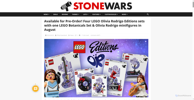 Security scan screenshot of https://stonewars.com/news/olivia-rodrigo-lego-editions-botanicals-sets-in-august/
