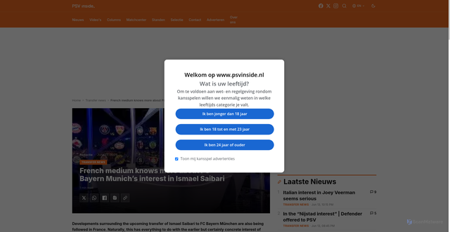 Security scan screenshot of https://www.psvinside.nl/en/transfer-news/french-medium-knows-more-about-fc-bayern-munichs-interest-in-ismael-saibari