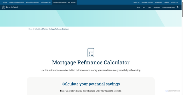 Security scan screenshot of https://yourhome.fanniemae.com/calculators-tools/mortgage-refinance-calculator