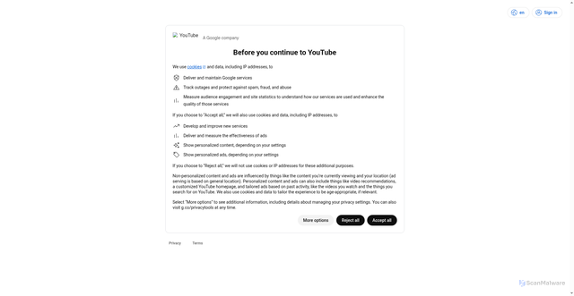 Security scan screenshot of consent.youtube.com