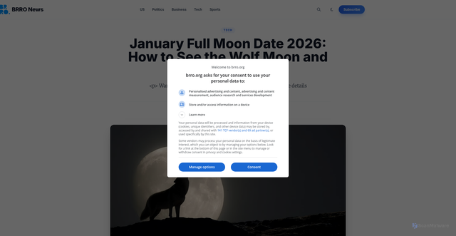 Security scan screenshot of https://brro.org/news/article/january-full-moon-date-2026-how-to-see-the-wolf-moon-and-how-the-f?srsltid=ARcRdnqon0g7s2x2V5uBCcIY1NdDU4xOBi4vX23C2l4FEBmvDcCf4Y8H