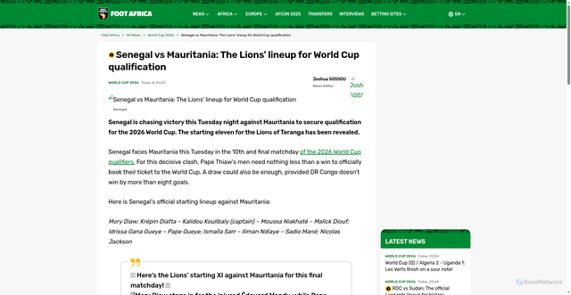 Security scan screenshot of https://foot-africa.com/en/news/senegal-vs-mauritania-the-lions-lineup-for-world-cup-qualification-918858/