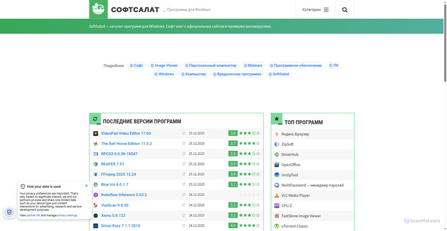 Security scan screenshot of https://www.softsalad.ru