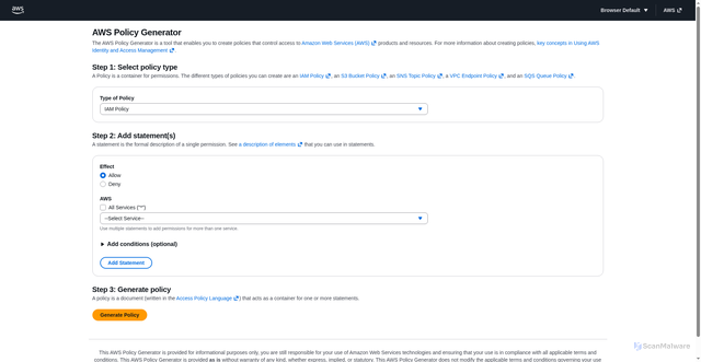 Security scan screenshot of https://awspolicygen.s3.amazonaws.com/policygen.html