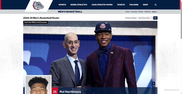 Security scan screenshot of https://gozags.com/sports/mens-basketball/roster/rui-hachimura/2524