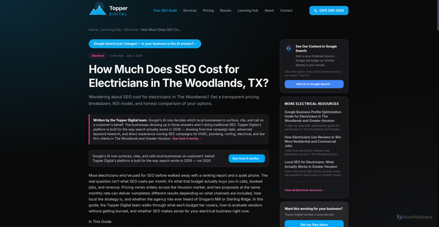 Security scan screenshot of https://topper-digital.pages.dev/learning-hub/electrical/how-much-does-seo-cost-electricians-woodlands-tx/