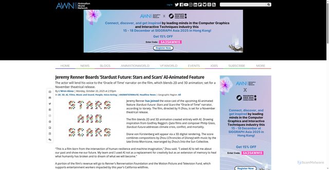 Security scan screenshot of https://www.awn.com/news/jeremy-renner-boards-stardust-future-stars-and-scars-ai-animated-feature