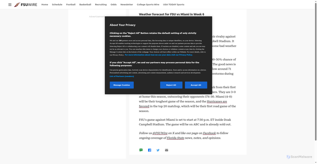Security scan screenshot of https://fsuwire.usatoday.com/story/sports/college/fsu/football/2025/10/02/fsu-football-miami-weather-forecast-week-6/86479033007/