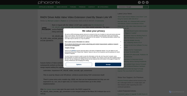 Security scan screenshot of https://www.phoronix.com/news/RADV-Valve-Video-Steam-Link-VR