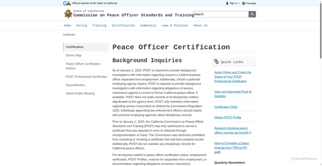 Security scan screenshot of https://post.ca.gov/Certification