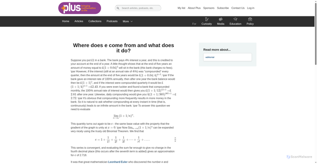 Security scan screenshot of https://plus.maths.org/where-does-e-come-and-what-does-it-do-0