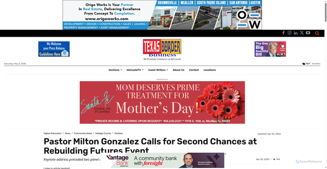 Security scan screenshot of https://texasborderbusiness.com/pastor-milton-gonzalez-calls-for-second-chances-at-rebuilding-futures-event/
