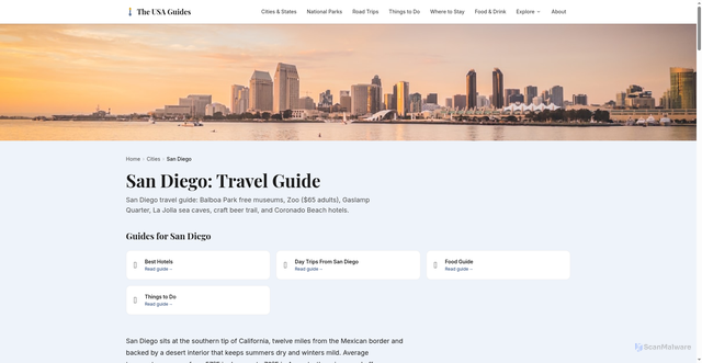 Security scan screenshot of https://www.theusaguides.com/city/san-diego/