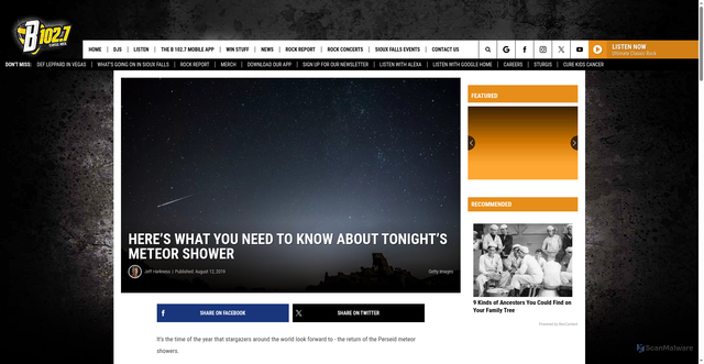 Security scan screenshot of https://b1027.com/heres-what-you-need-to-know-about-tonights-meteor-shower/