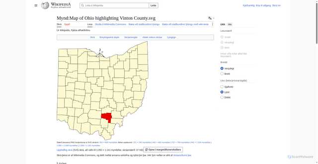 Security scan screenshot of https://is.wikipedia.org/wiki/Mynd:Map_of_Ohio_highlighting_Vinton_County.svg