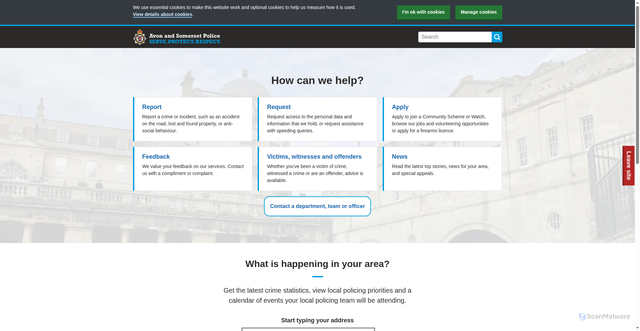 Security scan screenshot of https://www.avonandsomerset.police.uk/