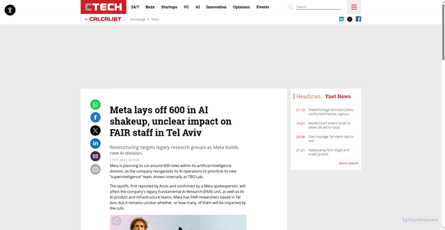 Security scan screenshot of https://www.calcalistech.com/ctechnews/article/r1l3zqlaee