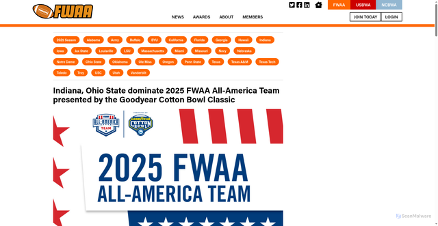 Security scan screenshot of https://fwaa.com/fwaa/news/2025/12/18/indiana-ohio-state-dominate-2025-fwaa-all-america-team-presented-by-the-goodyear-cotton-bowl-classic