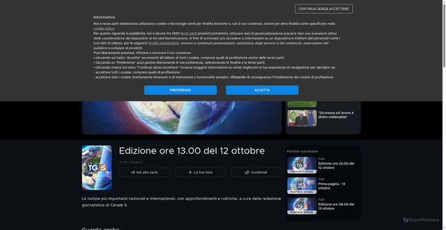 Security scan screenshot of https://mediasetinfinity.mediaset.it/video/tg5/edizione-ore-1300-del-12-ottobre_F313645001113801