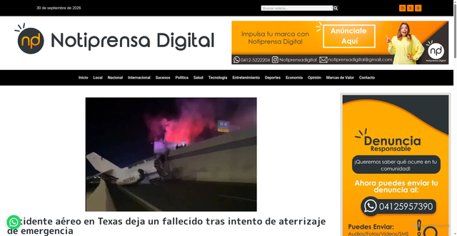 Security scan screenshot of https://notiprensadigital.com/accidente-aereo-en-texas-deja-un-fallecido-tras-intento-de-aterrizaje-de-emergencia/