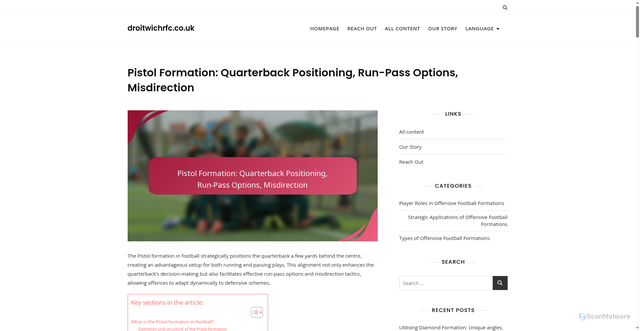 Security scan screenshot of https://droitwichrfc.co.uk/pistol-formation-quarterback-positioning-runpass-options-misdirection/