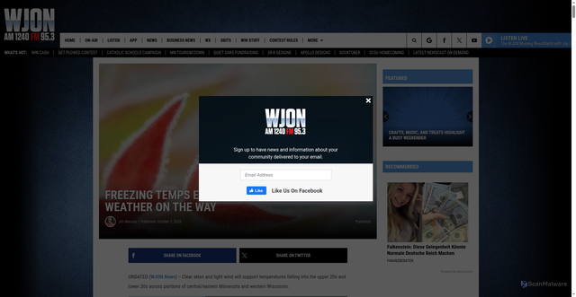 Security scan screenshot of https://wjon.com/minnesota-freeze-warning/