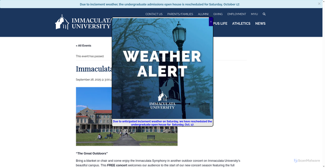 Security scan screenshot of https://www.immaculata.edu/event/immaculata-symphony-outdoor-concert-2/