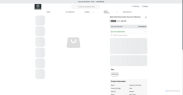Security scan screenshot of https://handloomclothstore.com/Baby-Pink-Kota-Cotton-Saree-For-Womens/catalogue/wauIjbcL/or3eUWpj