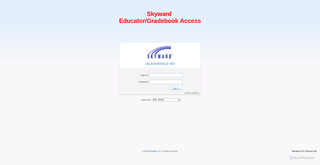 Security scan screenshot of https://skyward.jacksonvilleisd.org/scripts/wsisa.dll/WService=wsEAplus/seplog01.w