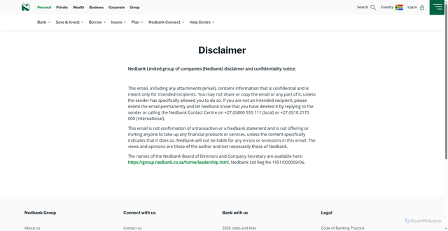 Security scan screenshot of https://personal.nedbank.co.za/legal/disclaimer.html