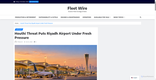 Security scan screenshot of https://fleet-wire.com/houthi-threat-puts-riyadh-airport-under-fresh-pressure/