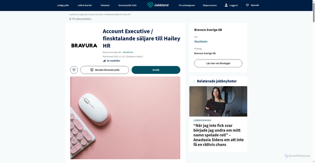 Security scan screenshot of https://jobbland.se/jobb/account-executive-finsktalande-saljare-till-hailey-hr-sbsra-19770462?utm_source=jobbevakaren&utm_medium=email&utm_content=sv&identifier=1436885062c5755f1fec8ac9a5d96cd8a761b5ca33eacfff6aca2048d3bdcc76