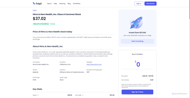 Security scan screenshot of https://hapi.trade/en/stock/HIMS