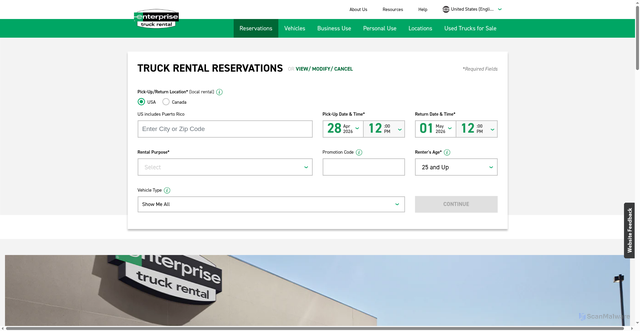 Security scan screenshot of https://www.enterprisetrucks.com/truckrental/en_US.html
