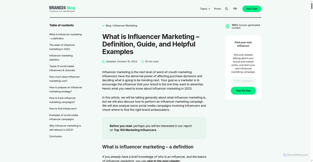 Security scan screenshot of https://brand24.com/blog/what-is-influencer-marketing/