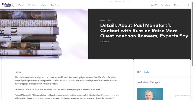 Security scan screenshot of https://www.mccarter.com/insights/robert-mintz-quoted-in-details-about-paul-manaforts-contact-with-russian-raise-more-questions-than-answers-experts-say-which-appeared-on-abc-news/