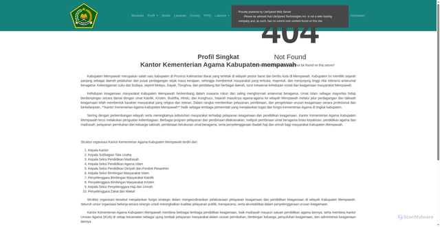 Security scan screenshot of https://kemenagmempawah.com/Profil/sejarah