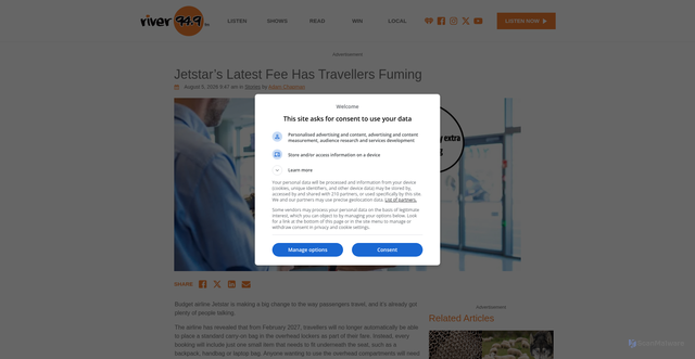 Security scan screenshot of https://www.river949.com.au/trending/stories/jetstars-latest-fee-has-travellers-fuming/