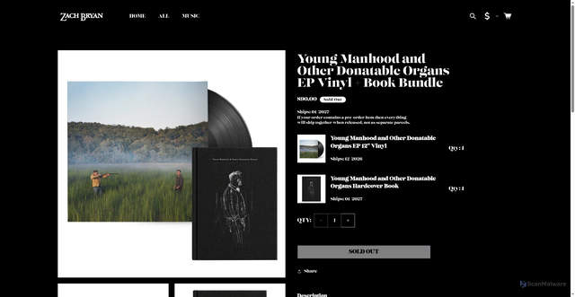 Security scan screenshot of https://store.zachbryan.com/products/young-manhood-and-other-donatable-organs-ep-vinyl-book-bundle?srsltid=AU7gw4VviYCaTEnvrWCRnGq19V86E0empNaZQd5p9Nyb5kJO4UccIBIN