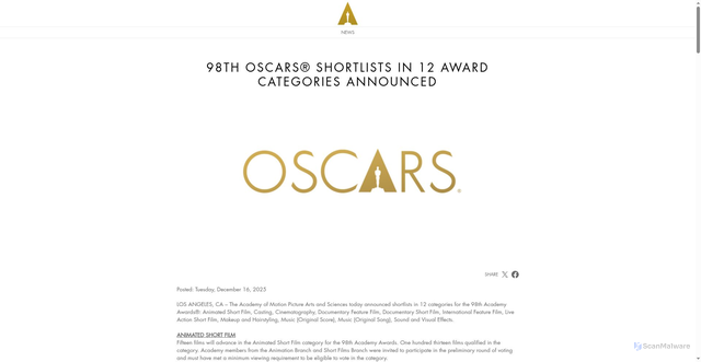 Security scan screenshot of http://press.oscars.org/news/98th-oscarsr-shortlists-12-award-categories-announced