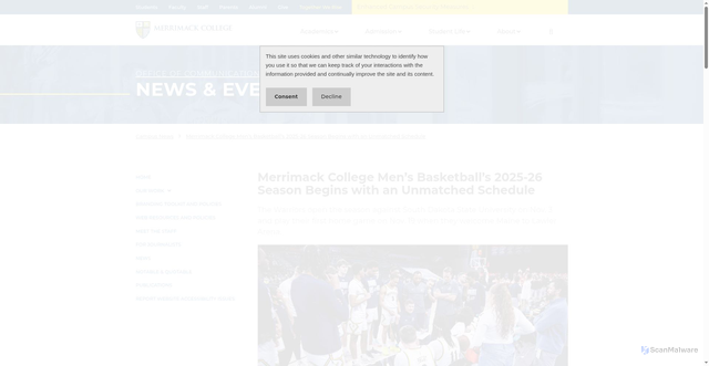 Security scan screenshot of https://www.merrimack.edu/news/merrimack-college-mens-basketballs-2025-26-season-begins-with-an-unmatched-schedule/