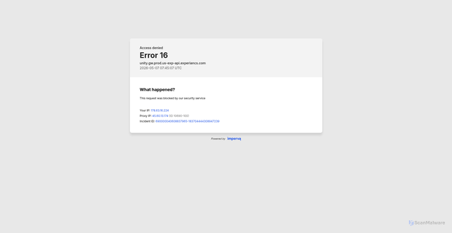 Security scan screenshot of https://unity.gw.prod.us-exp-api.experiancs.com