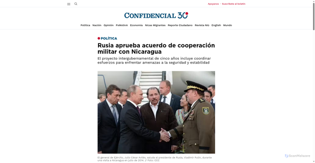 Security scan screenshot of https://confidencial.digital/politica/rusia-aprueba-acuerdo-de-cooperacion-militar-con-nicaragua/
