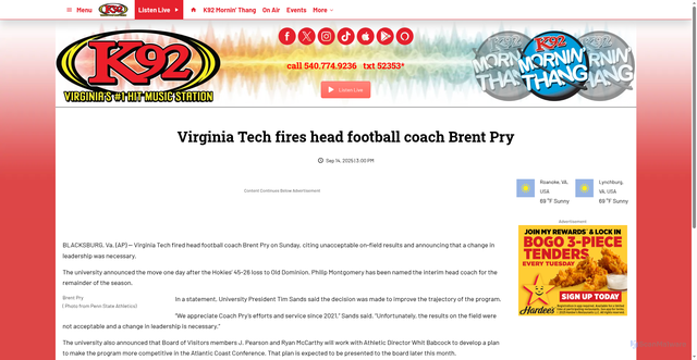 Security scan screenshot of https://k92radio.com/2025/09/14/virginia-tech-fires-head-football-coach-brent-pry/