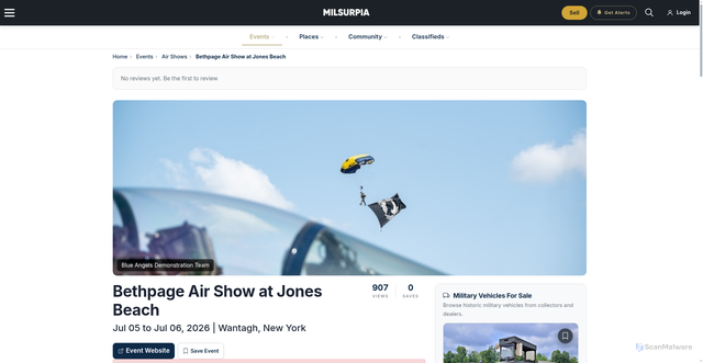 Security scan screenshot of https://www.milsurpia.com/events/359/bethpage-air-show-at-jones-beach