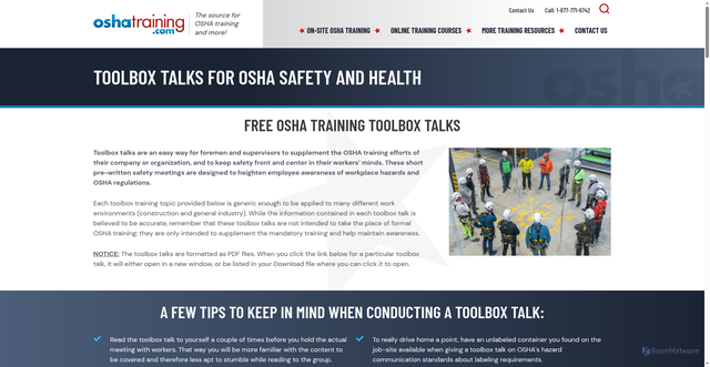 Security scan screenshot of https://oshatraining.com/more-osha-training-resources/toolbox-talks-for-osha-safety-and-health/